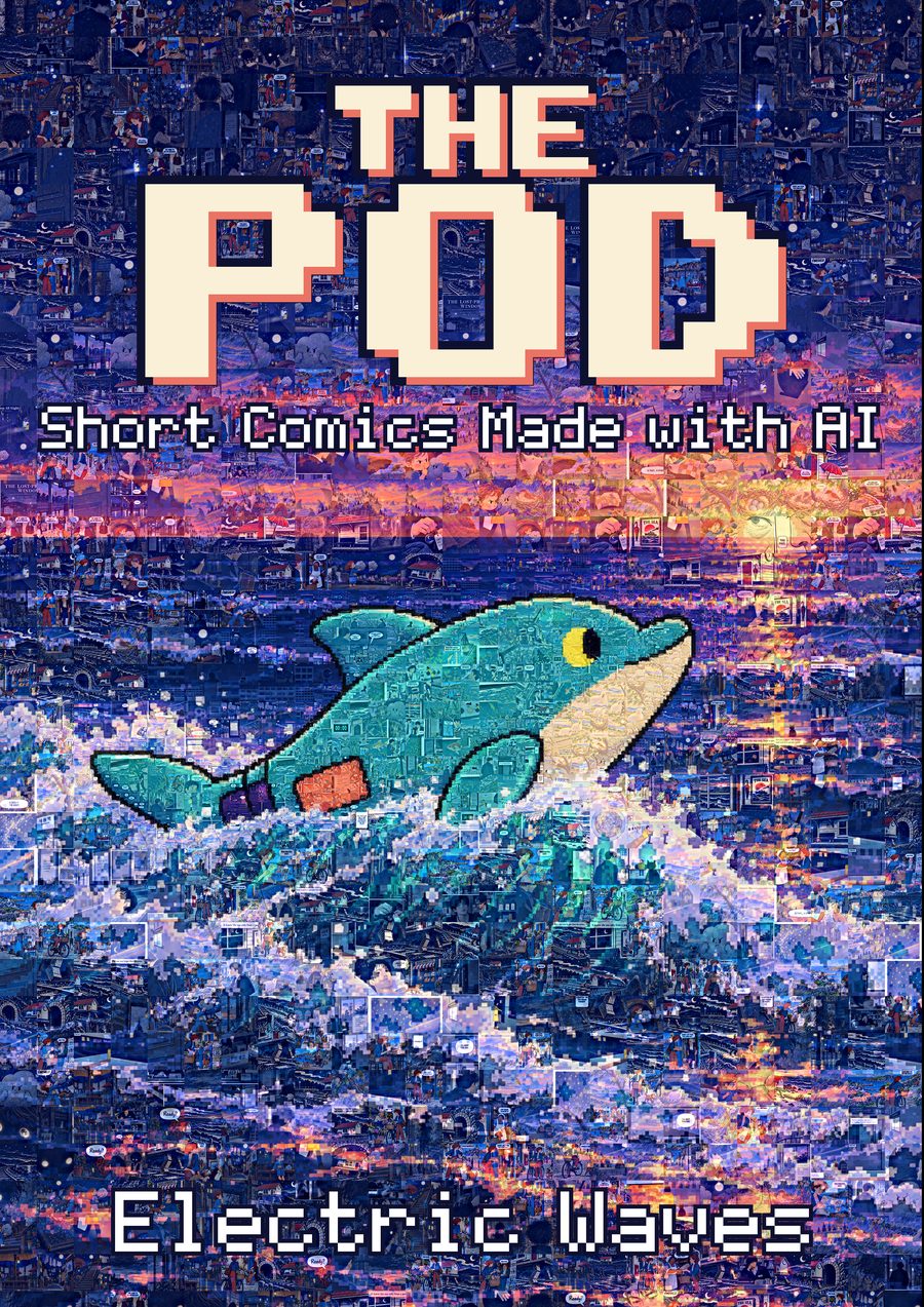 Cover: a pixel-art dolphin leaping out of the waves, made as a mosaic of small panels taken from the twelve comics, under the title The Pod: Short Comics Made with AI, and the name Electric Waves.