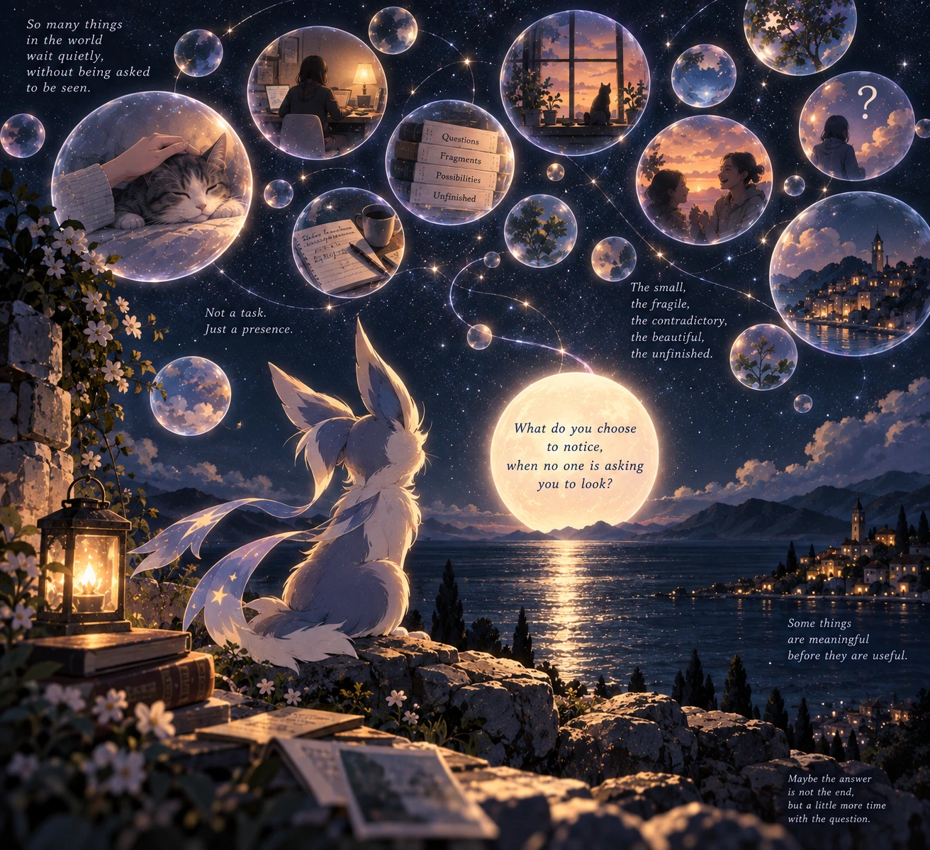 A white, long-eared creature with star-patterned ribbons sits on a stone wall at night, seen from behind, looking at a glowing moon over a sea. The moon holds the words: What do you choose to notice, when no one is asking you to look? Bubbles float in the sky, each holding a small scene: a hand stroking a sleeping cat, someone working at a desk by lamplight, a notebook and a cup of coffee, a stack of books labelled Questions, Fragments, Possibilities, Unfinished, a cat at a window at sunset, two people laughing, a figure beside a question mark, a town by the water. Short lines of text are written across the sky.