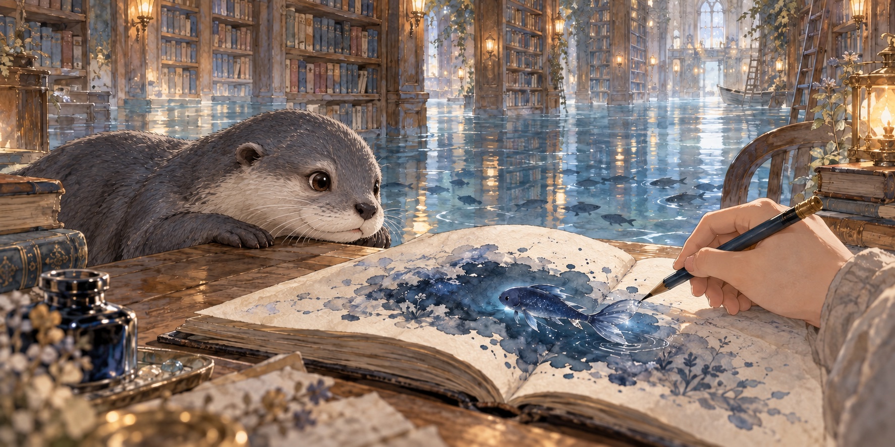 A silver-grey, otter-like creature rests its chin at the edge of a table in a library filled with shallow water. An ink-blue fish with a silver patch near its tail emerges from a blot on an open book, beside a hand holding a pencil.