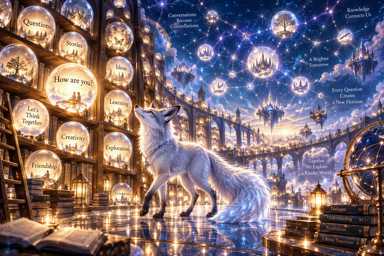 A silver fox with a long glowing tail looks up in a vast library that opens onto a night sky. Glass spheres on the shelves are labelled Questions, Stories, Ideas, Learning, Let’s Think Together, Creativity, Exploration, Friendship, and, brightest of all, How are you? Above, spheres linked by threads of light form constellations among floating castles, with phrases such as Conversations Become Constellations and Knowledge Connects Us. Books in the corner read Dialogue, Understanding, Possibilities, A Better Tomorrow.