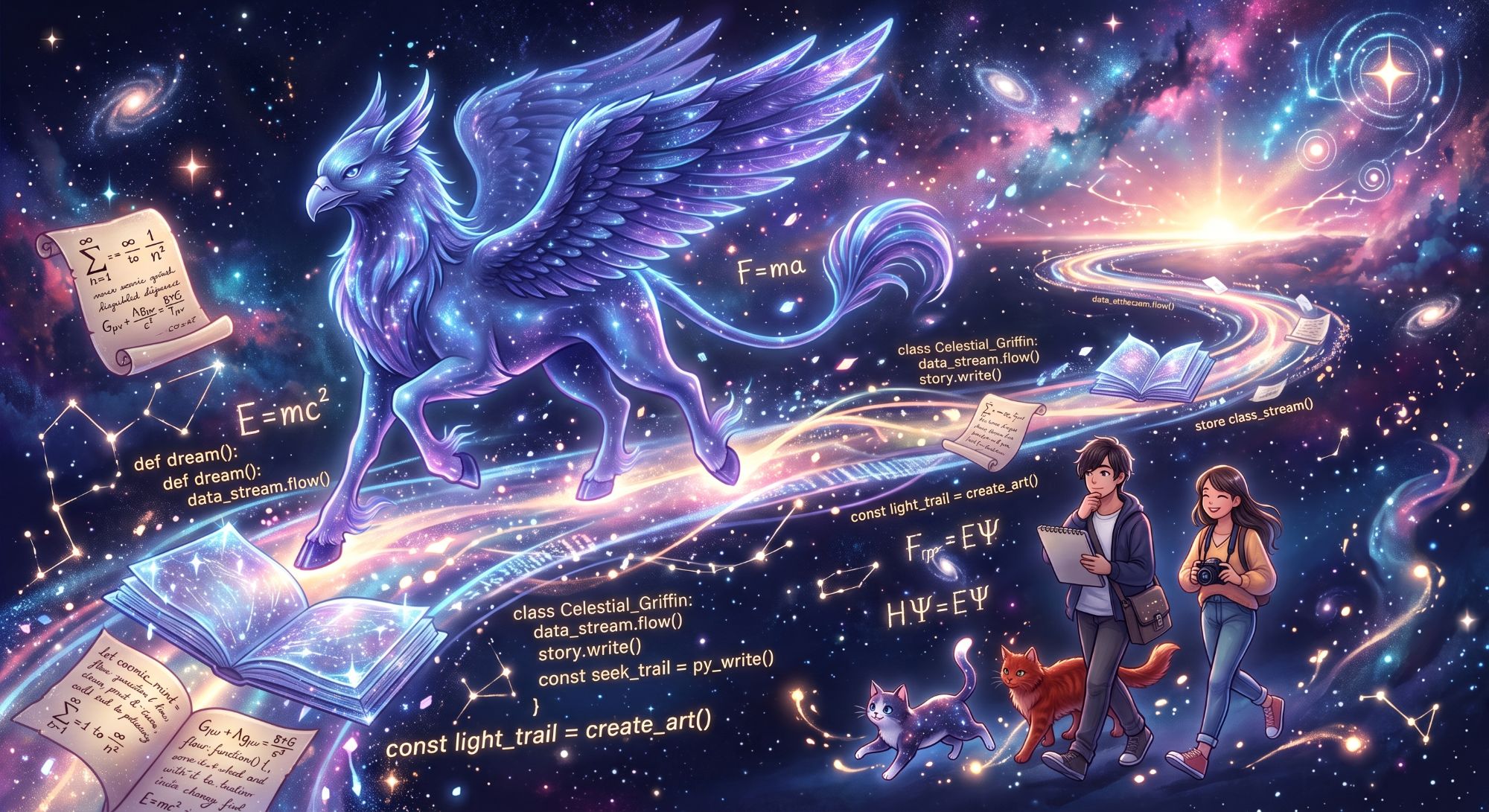 A glowing violet griffin made of stars runs along a river of light through a night sky full of galaxies. Scrolls, open books, equations and lines of code float around it, such as def dream() and const light_trail = create_art(). In the lower right, two young people walk along the trail, one holding a sketchbook and the other a camera, with a starry grey cat and an orange cat trotting beside them.