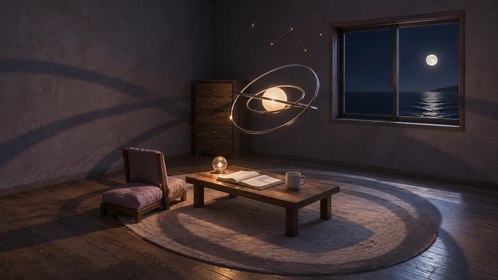 Three rings around a light, an open notebook and an empty chair.