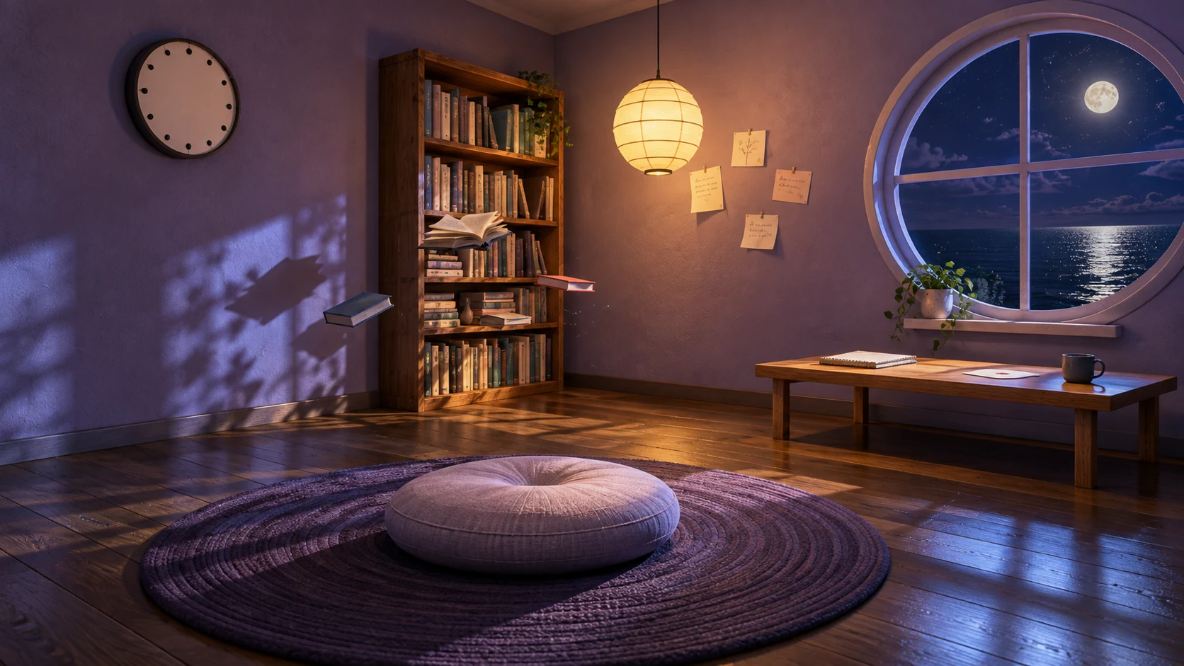 A handless clock, floating books and a cushion beneath the moonlit window.