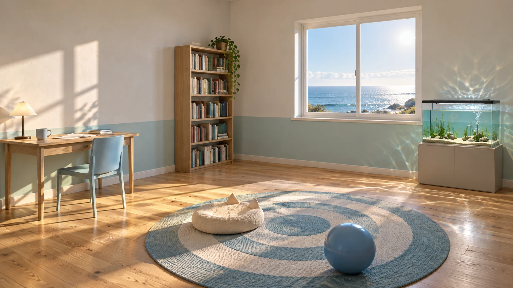 An ocean window, a small aquarium and sunlight on pale wood.