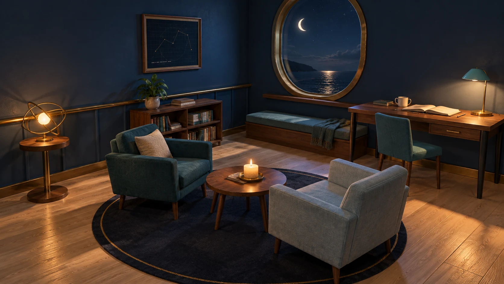 Two chairs, a candle and a notebook beside the night sea.
