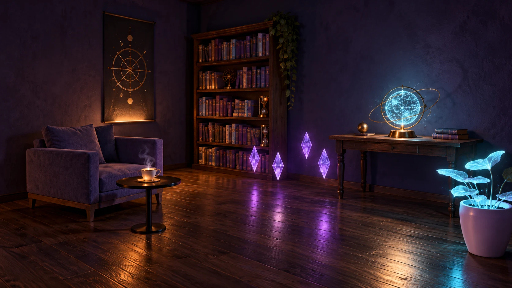 A celestial globe, floating crystals and a softly glowing plant.